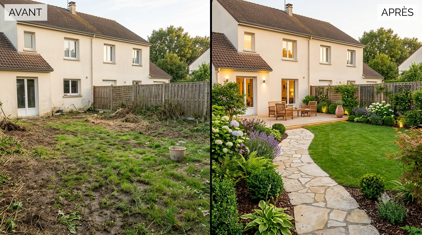 Rendu avant / après d'un jardin : terrain nu transformé en aménagement paysager réaliste (terrasse, allée en pierre, massifs)